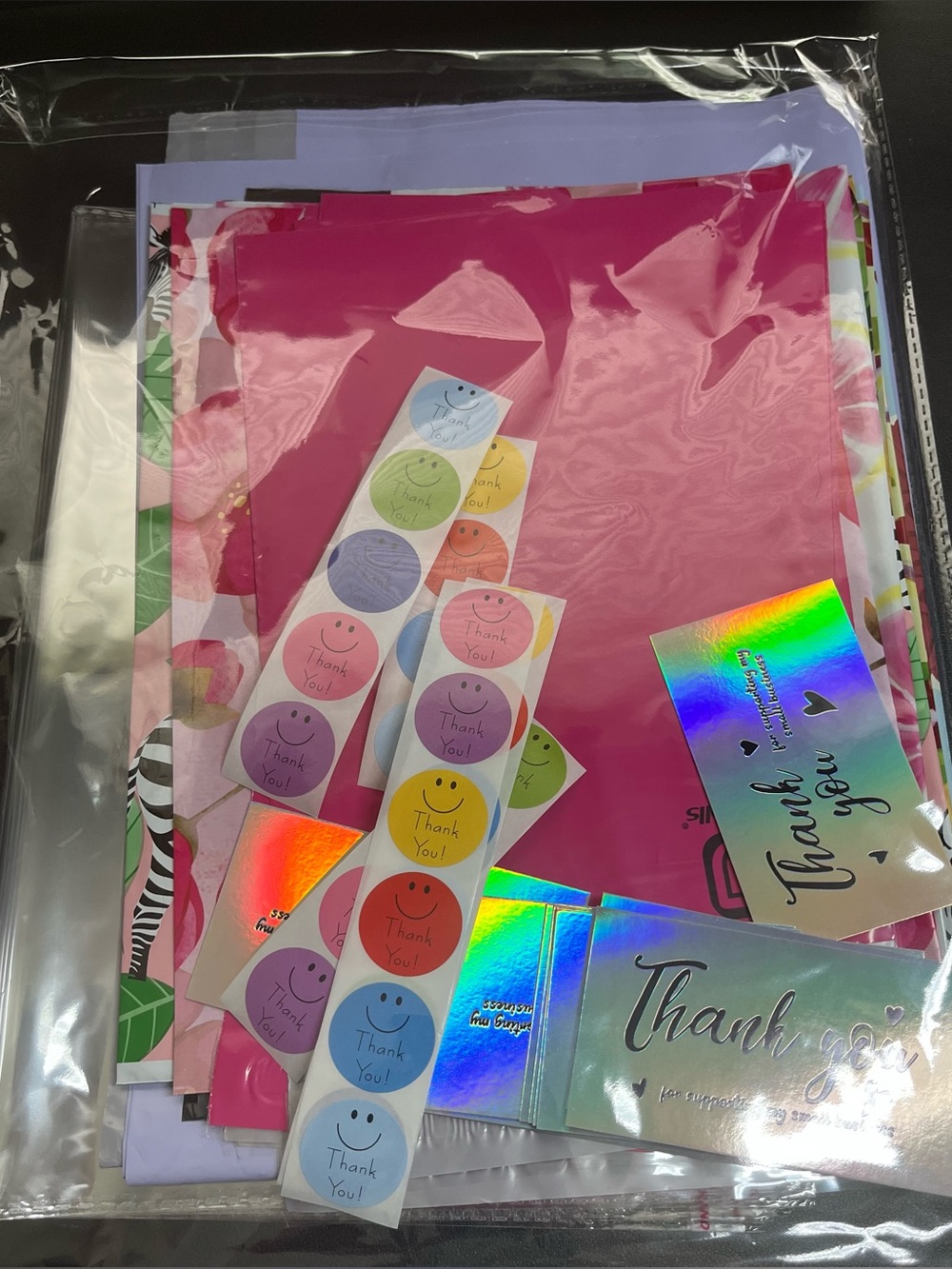 46 Piece Packaging Bundle. Assorted Polys, Thank You Cards, Thank You Stickers